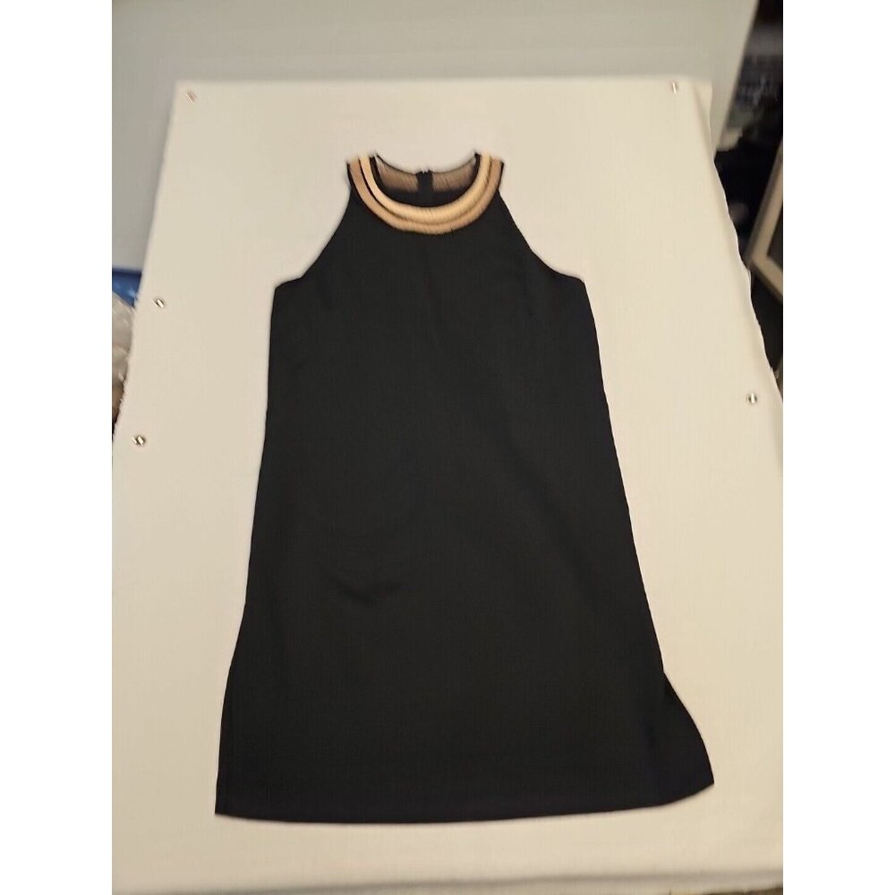Ann Taylor Black Gold Pleated Collar Lace Trim Shift Dress Size 14 Sleeveless